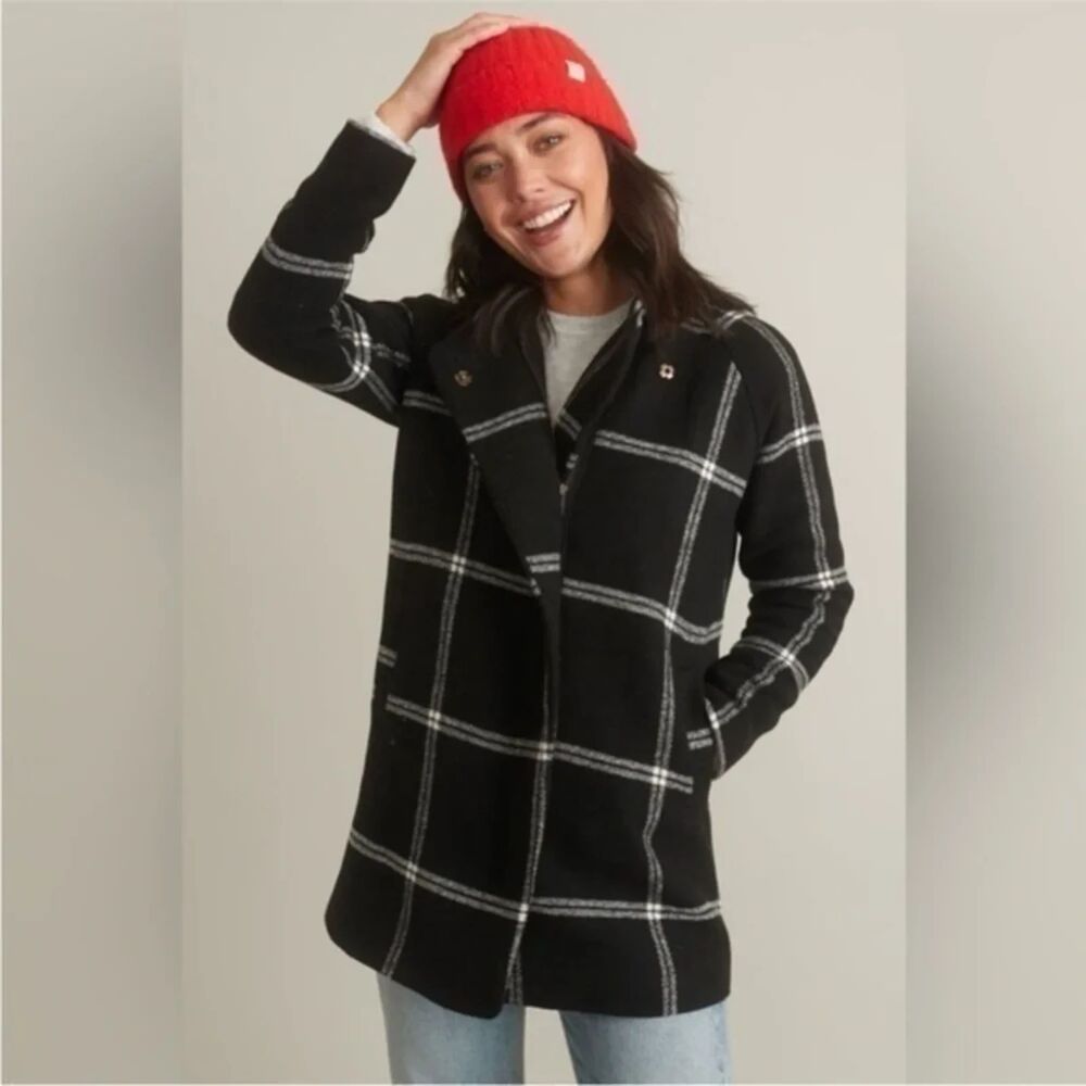 Marine Layer Stephanie Cocoon Coat Black Cream Windowpane Plaid Size M